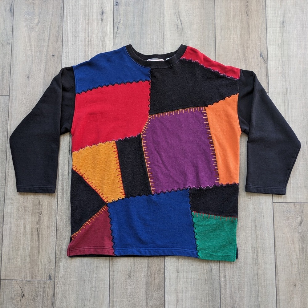 Vintage Color Block Sweater Women's M Black Patchwork Knit Shirt Colorblock